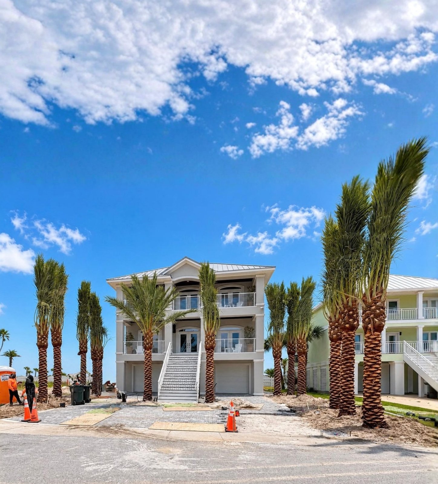 Diamond-cut Medjool date palms installed at a luxury coastal home by Palm Pros 305