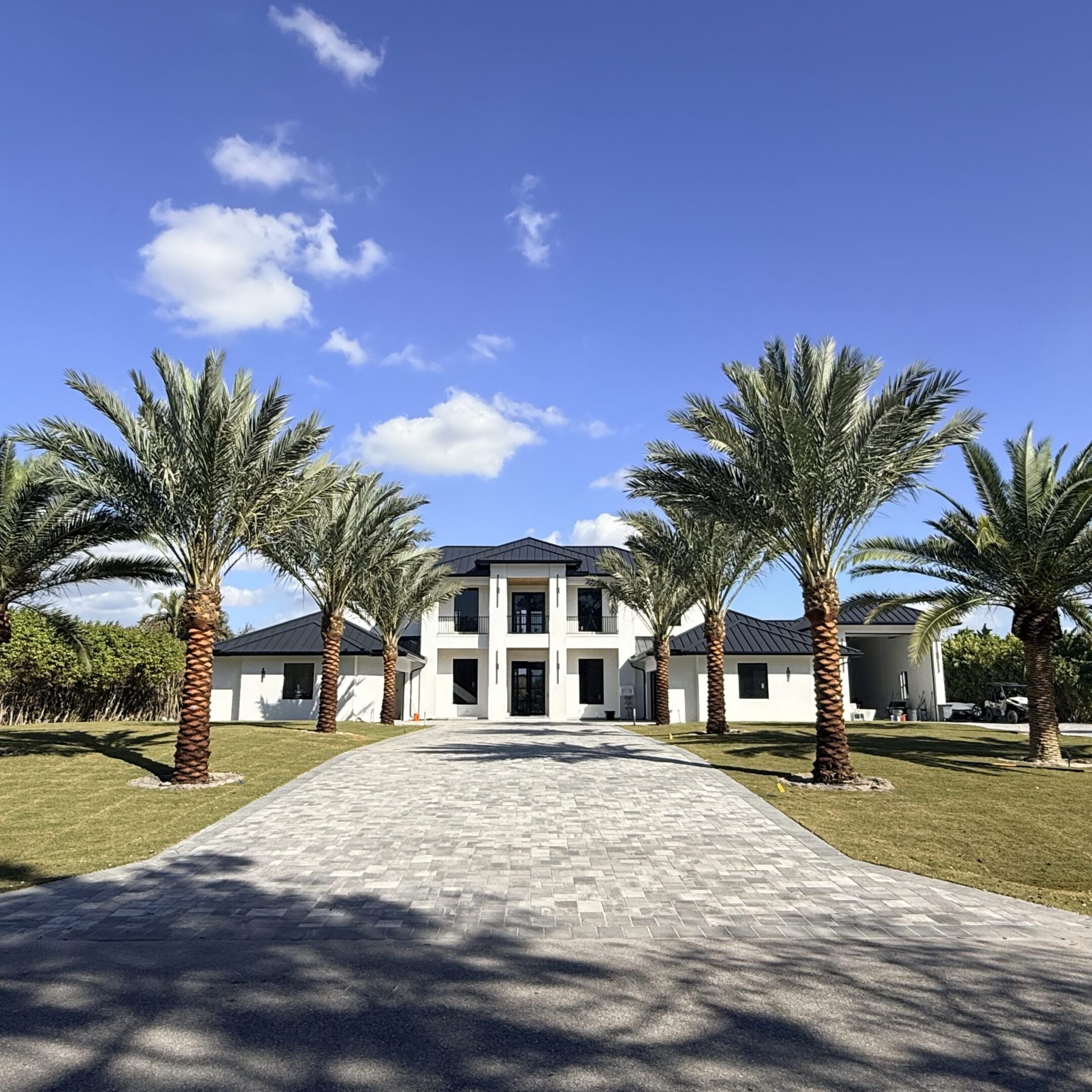 Luxurious mansion with palm trees and clear blue sky.